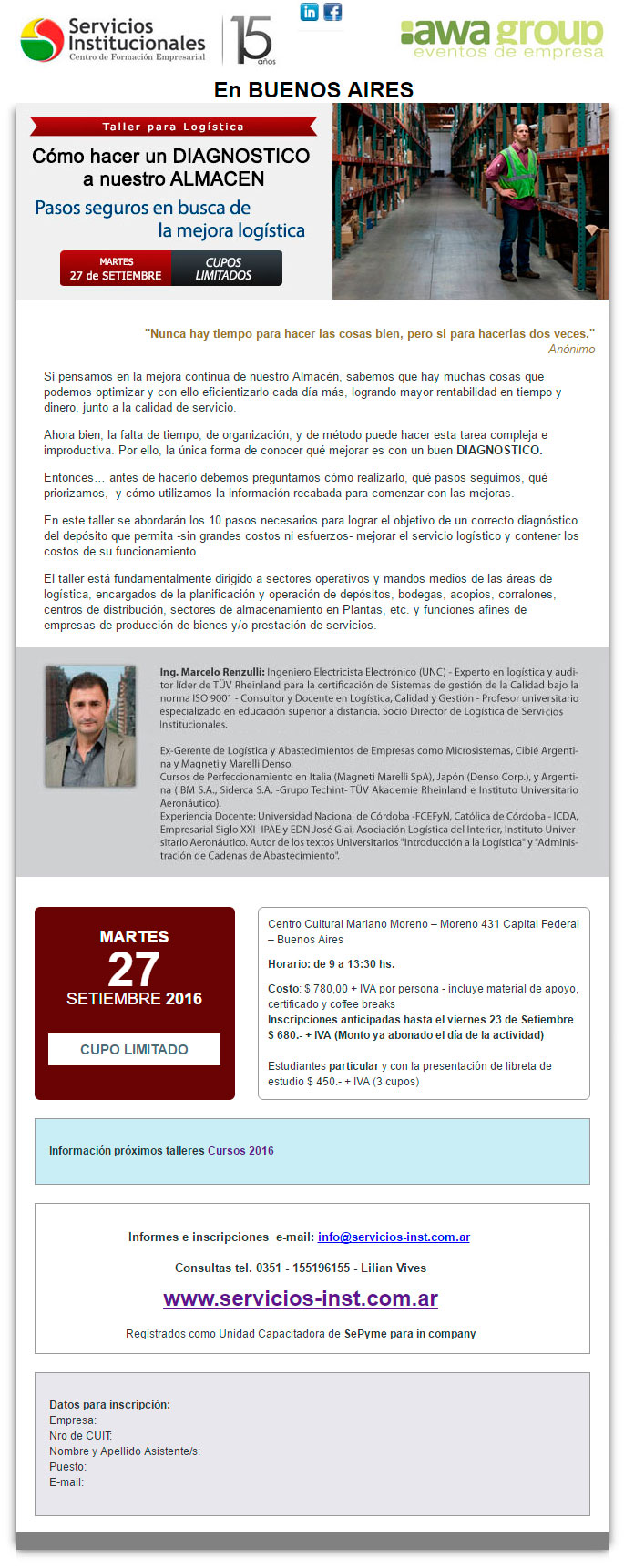 27/09 en BUENOS AIRES Taller para Logistica: Diagnostico de nuestro Almacen